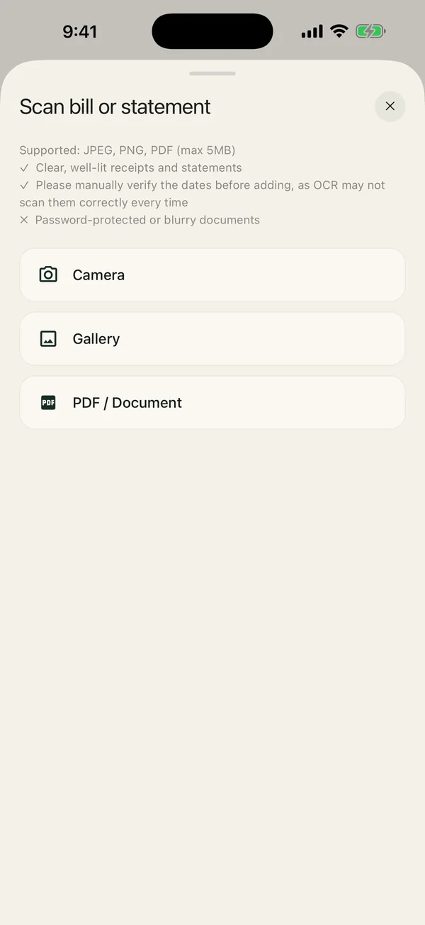 Scan bill or statement sheet with camera, gallery and PDF options
