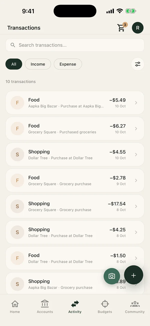 Transactions list with search, type filters and scan buttons
